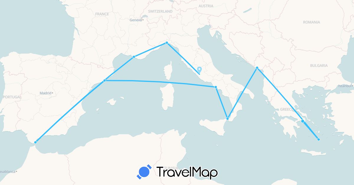 TravelMap itinerary: driving, boat in Spain, France, Gibraltar, Greece, Italy, Montenegro (Europe)